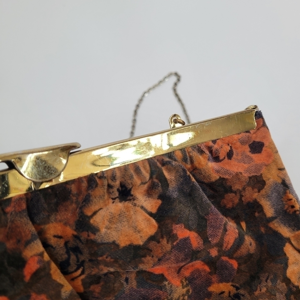 VTG Floral Fabric Unique Opening Bag Clutch Brown Orange Black Flora Gold Strap - Picture 17 of 17
